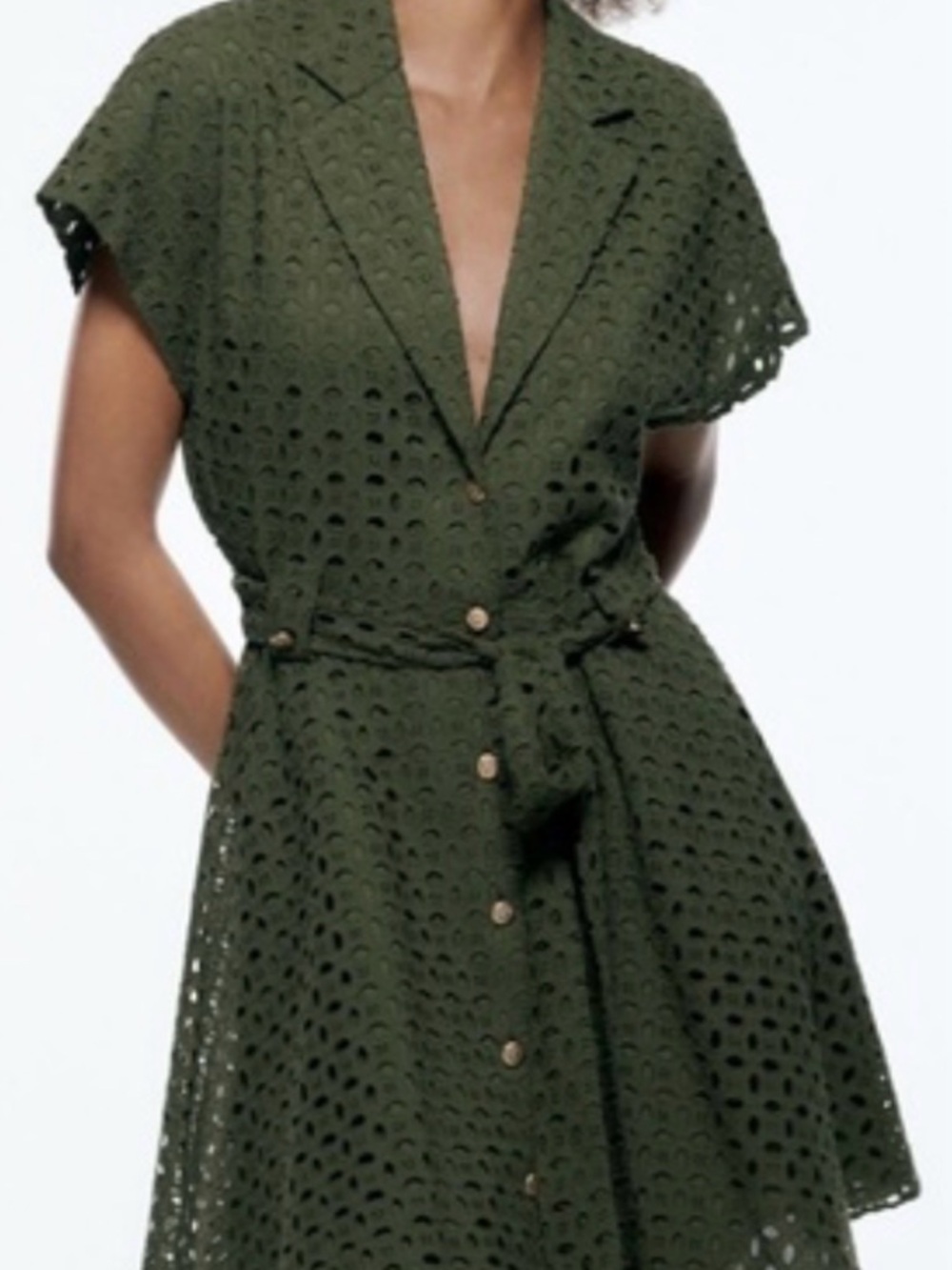 Zara Olive Green Eyelet Button-Front Mini Dress